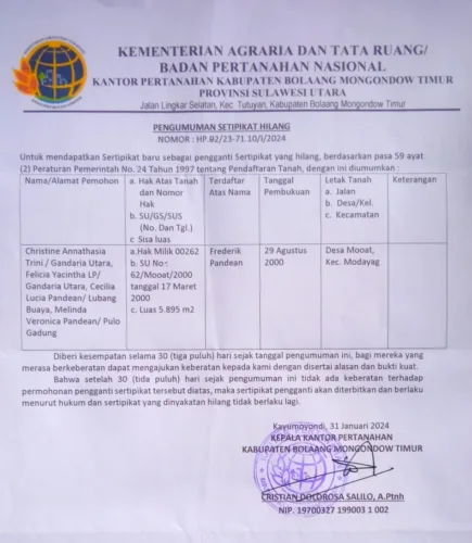 Pengumuman Tentang Sertipikat Hilang