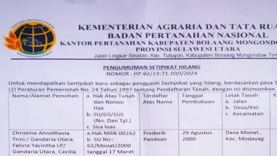 Pengumuman Tentang Sertipikat Hilang