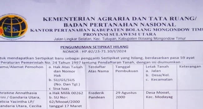 Pengumuman Tentang Sertipikat Hilang