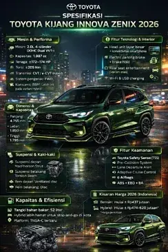 spesifikasi Kijang Innova, mesin Innova 2.4L, dimensi Innova Zenix, fitur keselamatan Innova, teknis Innova 2026
