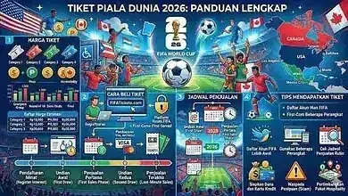 Panduan lengkap membeli World Cup tickets 2026. Informasi harga tiket, jadwal penjualan resmi FIFA, kategori tiket, dan tips sukses mendapatkan tiket Piala Dunia 2026.